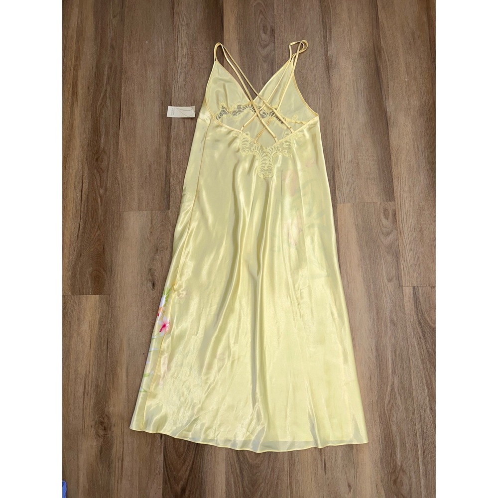Vintage Yellow Floral Lace Maxi Gown Deadstock 90s Slip Dress M resort‎ beach - Picture 3 of 7
